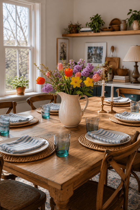 White pitcher with colorful seasonal flowers on a rustic summer dining table