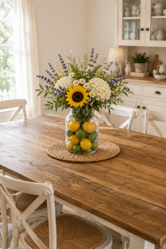 Sunflower and wildflower summer dining table centerpiece with lemons and limes in a glass vase
