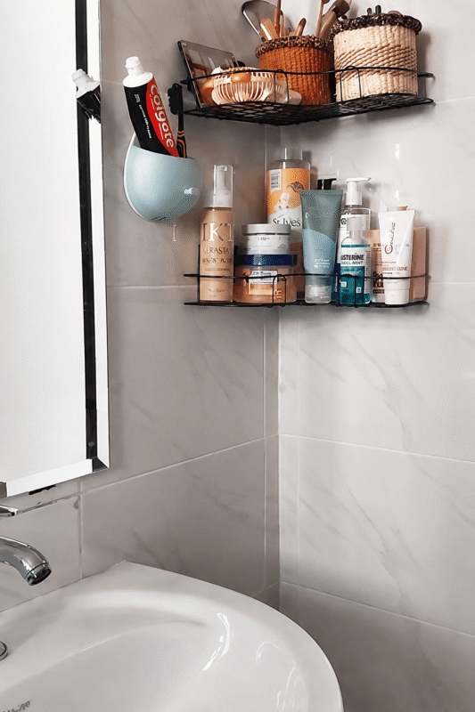 Finished makeup and skincare organization in a small bathroom
