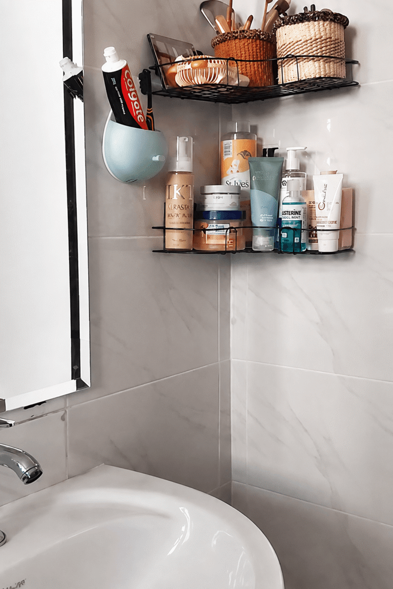 Finished small bathroom wall storage with makeup on the top shelf and skincare below.