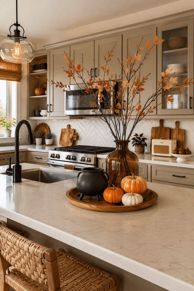 Cozy autumn kitchen island decorated with orange fall branches, mini pumpkins, and a wooden tray