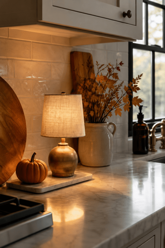 Cozy fall kitchen counter with a small lamp, orange pumpkin, wooden cutting boards, and autumn branches