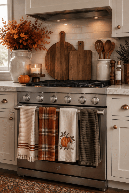 Rust plaid, cream and olive kitchen towels hanging from a stainless steel oven