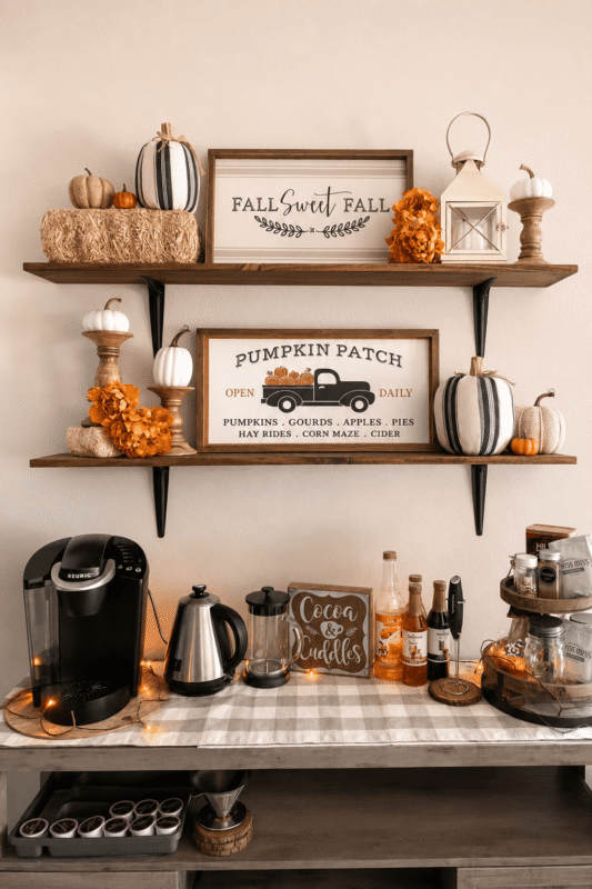 Cozy fall coffee bar with floating shelves, pumpkins, autumn signs, coffee maker, syrups, and seasonal decor