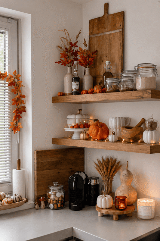 Fall kitchen shelves decorated with pumpkins, glass jars, autumn foliage, candles, and a small coffee station