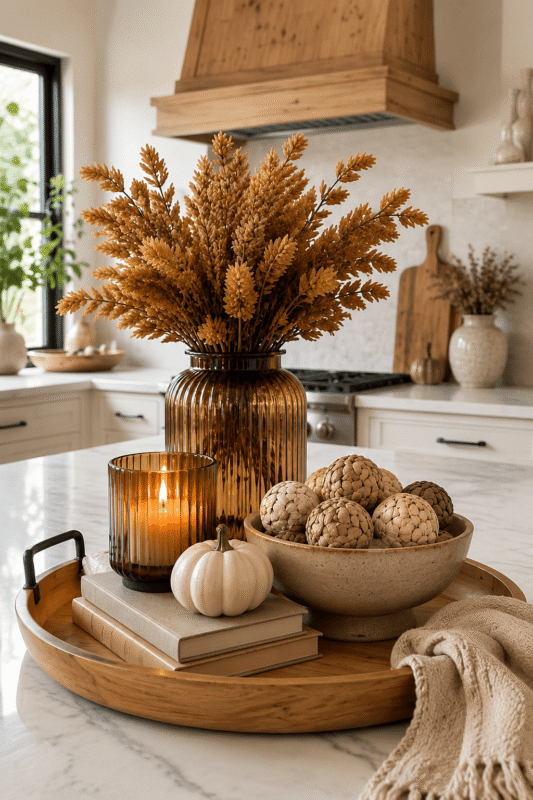 Neutral fall kitchen island centerpiece with dried stems, amber candle, white pumpkin, decorative bowl, books, and knit throw
