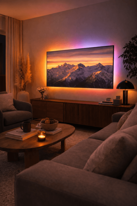 Living room with warm ambient lighting behind the TV and a table lamp nearby