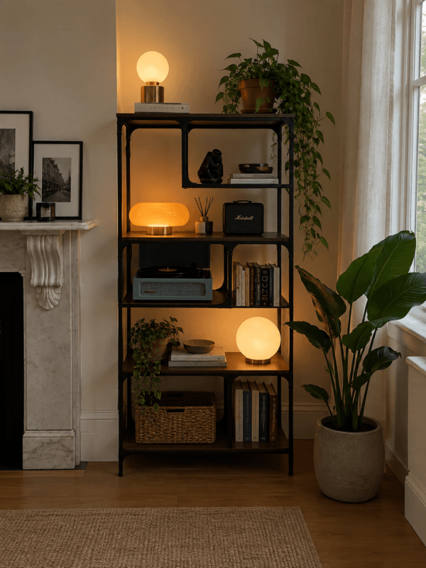 Bookshelf styled with small accent lamps, books and indoor plants