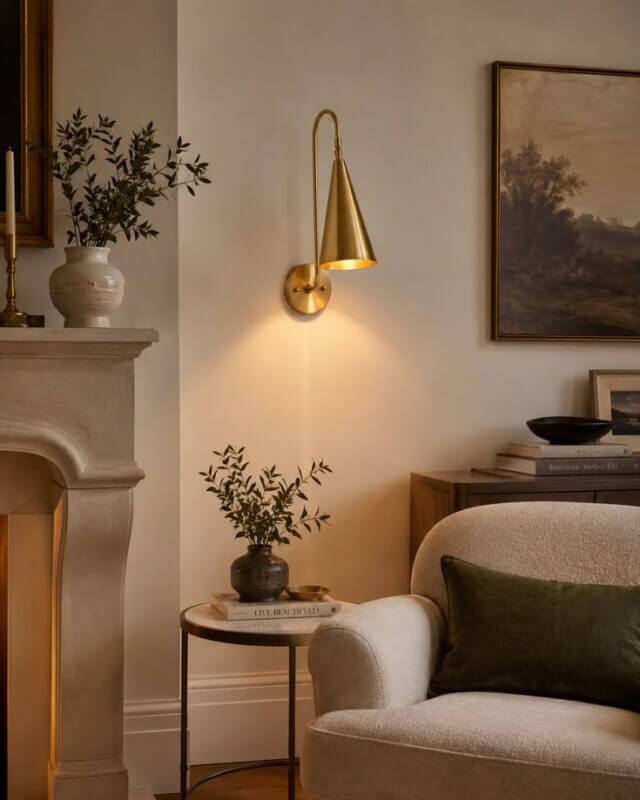 Brass wall sconce illuminating a side table and upholstered living room chair