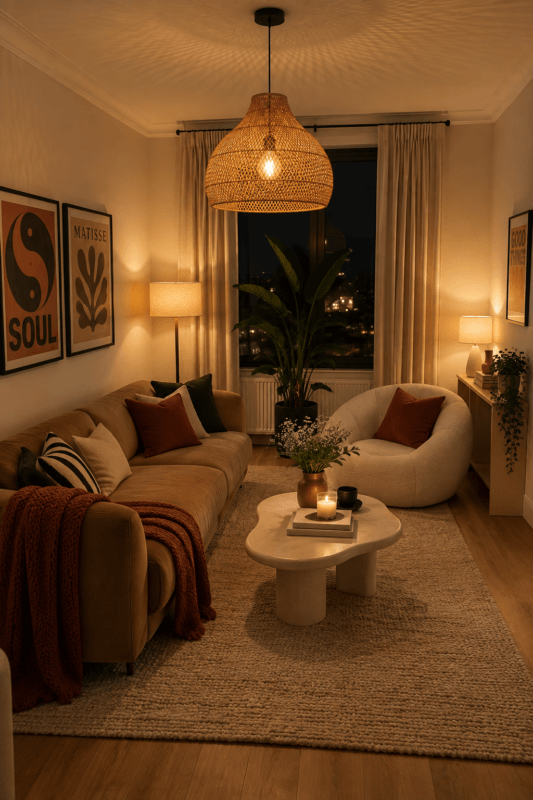 Cozy living room with layered pendant, floor and accent lighting in warm tones