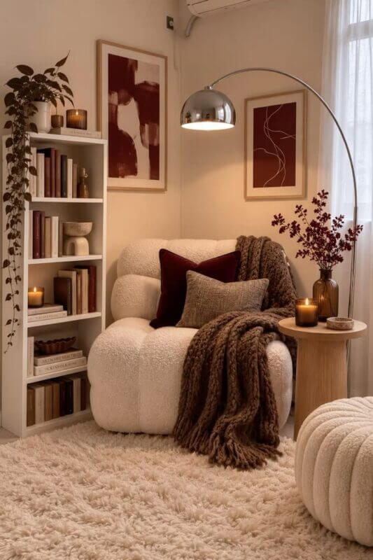 Cozy reading corner with an arc floor lamp, boucle chair and soft textured throw