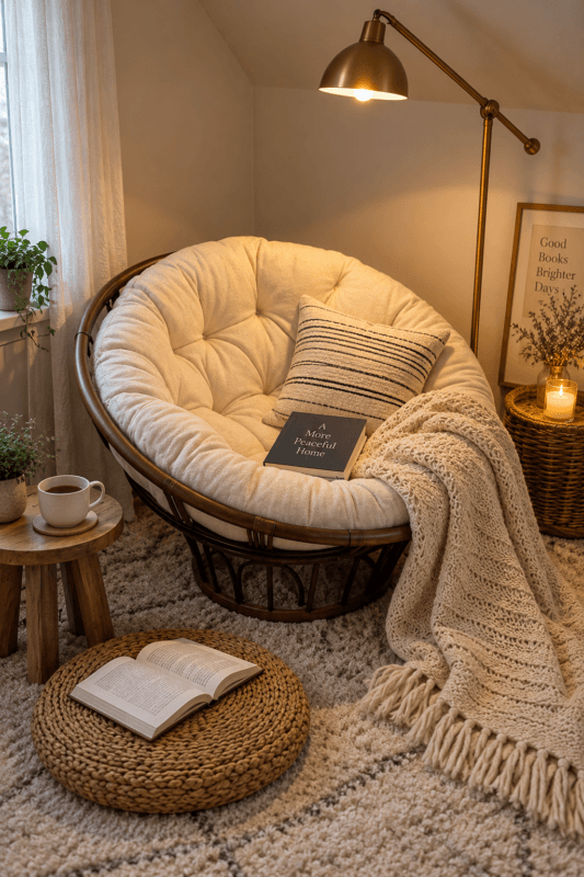 Cozy reading corner with a cushioned chair, brass floor lamp and knitted throw