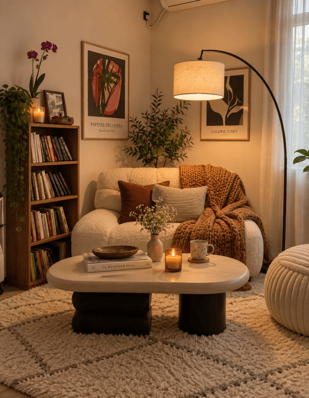 Warm living room reading area with an arc floor lamp beside a boucle chair