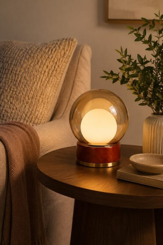 Warm globe table lamp on a wooden side table beside a neutral upholstered chair